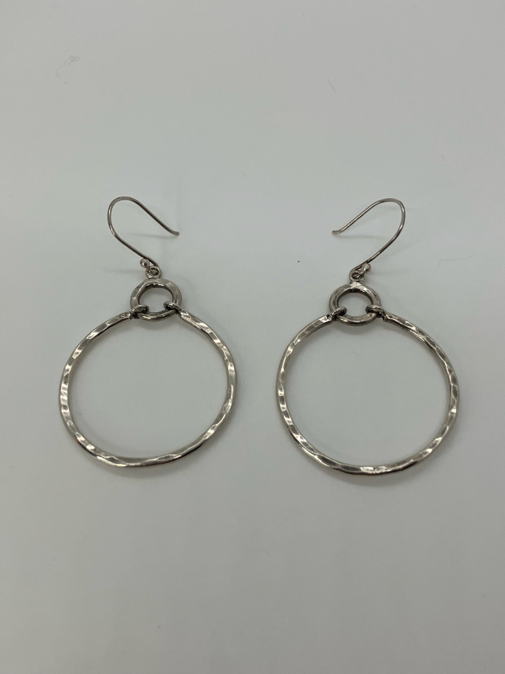 Vtg 925 Sterling Silver Hammered Double Circle Drop Earrings